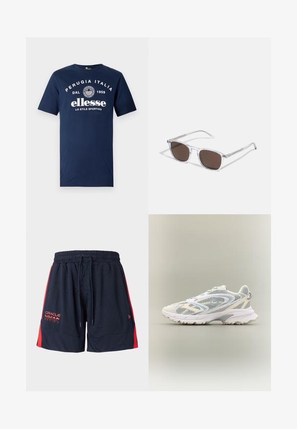 Mørkeblå bomulds T-shirt med hvidt print af "PERUGIA ITALIA DAL 1959" og "ellesse LO STILE SPORTIVO" på forsiden. Korte ærmer.; Navy blå mesh shorts med røde sidestykker. Har en elastisk talje og snorelukning. Inkluderer logo broderi på venstre lår.; Hvid atletiksko med grå mesh-paneler, teksturerede overlejringer, en polstret krave og en gummisål med små grebspidser.; Klare plastik solbriller med rektangulære brune linser, med tynde, transparente stænger og metal accenter på templerne.