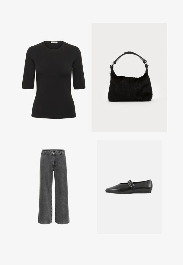Sort t-shirt med korte ærmer lavet af blødt stof med rund halsudskæring og tætsiddende pasform. Har minimal syning og ingen mønstre.; Bredde bukser i falmet sort denim med en klassisk knaplukning, fem lomme-design og en let tekstureret finish.; Sorte læder flade sko med spidse tæer, prydet med en metallisk spænde over vristen og en lav, fleksibel sål.; Sort faux fur håndtaske med en blød tekstur, rund form og en robust skulderrem i sort læder. Synlige sølvhardware-detaljer.