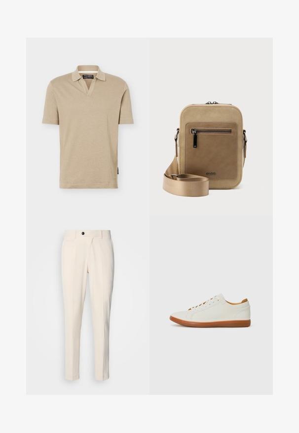 Beige kortærmet polo med åben krave, almindelig pasform og stoflabel i sidesømmen.; Beige skræddersyede bukser med flad front, enkelt knaplukning og to skrå sidelommer. Glat stof med en slim fit og tætsiddende ben.; Hvide sneakers med overdel i tekstureret læder, rund tå og gummisål. Har flade hvide snørebånd og beige indvendige detaljer.; Lille beige crossbody-taske med lynlåslomme foran, metal ALDO-logo, justerbar bred rem og rundet rektangulær form på hvid baggrund.