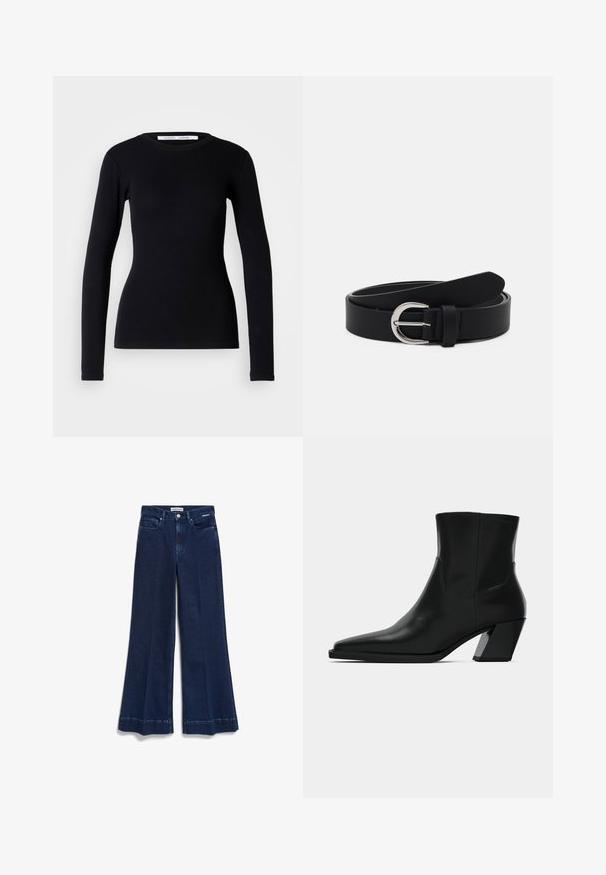 Schwarzes Langarmoberteil aus geripptem Stoff. Hat einen runden Halsausschnitt und eine schmale Passform. Keine Muster oder Verzierungen. Einfaches Design.; Weit geschnittene dunkelblaue Jeans mit klassischem Fünf-Taschen-Design, vorderem Knopfverschluss und rohem Saum mit Seitennähten für einen strukturierten Look.; Schwarze Leder-Stiefelette mit spitzem Zeh, schlanker Silhouette und klobigem quadratischem Absatz. Glatte Textur mit minimalen Nähdetails.; Schwarzer Leder-Gürtel mit einer silbernen runden Schnalle, flaches Design, sich verjüngendes Ende, glatte Textur und minimalistischer Stil.