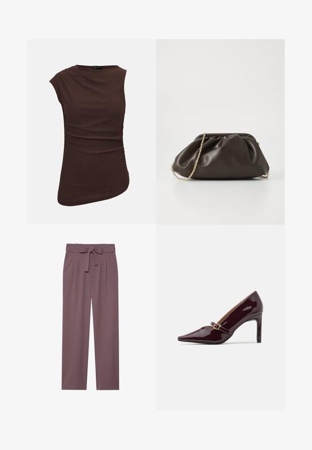 Haut sans manches marron texturé avec ourlet asymétrique et fronces latérales subtiles, encolure ronde, étiquette Anna Field.; Pantalons larges de couleur prune avec une taille ceinturée, un devant plissé et une texture lisse. Comprend des poches latérales et un design ajusté.; Chaussure à talon aiguille bordeaux en patent avec un embout pointu, une bride de cheville comportant des accents en métal doré, et une finition lisse et brillante. Talon stiletto surélevé.; Sac à main en cuir marron avec un design froncé, une bandoulière en chaîne dorée et une finition douce et texturée. Sa forme compacte est idéale pour une utilisation en soirée.