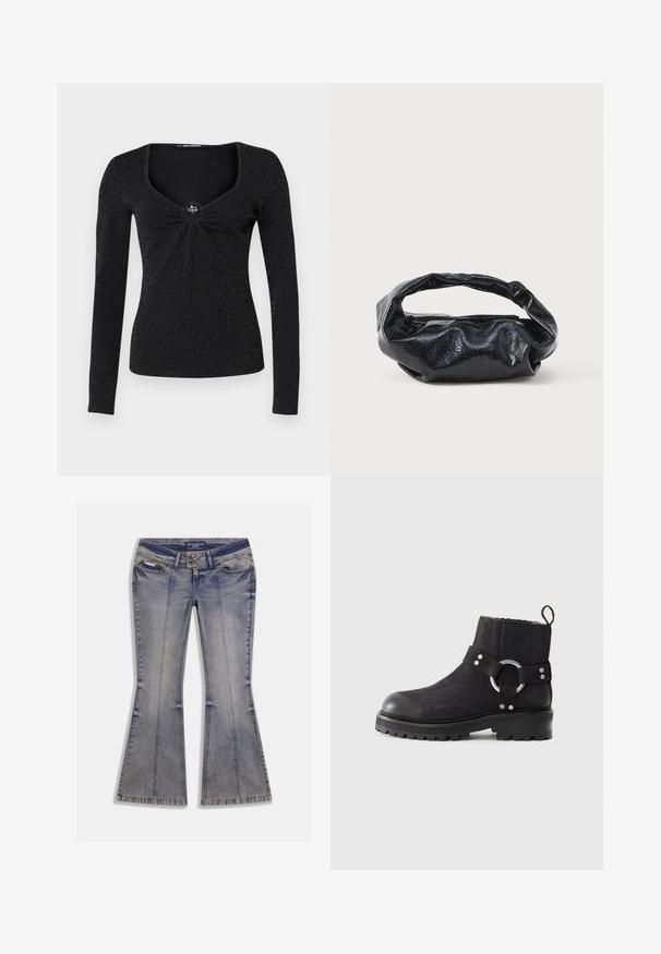 Sort langærmet top med firkantet udskæring, der har en samlet detalje i midten og en dekorativ accent. Stoflet er let glitrende.; Denim jeans med vidde i lys blå med falmede pletter, forlommer og kontrastsyning. Har lynlås og mærketalje.; Sorte ankelstøvler med rund tå, tekstureret overdel, elastiske sidepaneler og en dekorativ sølvring som accent. Kraftig sål med groft mønster.; Sort taske lavet af blankt, tekstureret materiale med et cirkulært, snoet håndtag og lynlås. Har et blødt, rynket design.