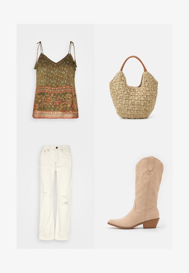 Vero Moda VMLUCY STRING SINGLET BOHO - Top - kalamata; BDG Urban Outfitters STRAIGHT - Džínsy s rovným strihom - ecru; Bežové semišové kovbojské topánky s špicatou špičkou a jemne textúrovaným siluetom. Obsahujú dekoratívne šitie a nízky stohovaný podpätok.; Tkaná slamenná taška s prírodnou textúrou a jemným, organickým tvarom, s hnedými koženými uchami pre jednoduché nosenie.