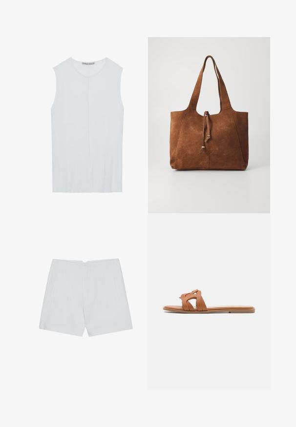 Lyseblå ærmeløs top lavet af ribbet stof, med en rund halsudskæring og en centralt søm detaljer. Glat tekstur med en afslappet pasform.; Hvide shorts med et skræddersyet design, flad front, to sidelommer og en ren kant. Fremstillet af et glat stof uden synlige mønstre.; Tan læder slidesandal med krydsede stropper, flad sål og minimalistisk design. Glat tekstur uden synlige mønstre eller hardware.; Brun ruskinds tote bag med to lange håndtag, snøre lukning og glat tekstur. Har et enkelt design og minimale accenter.