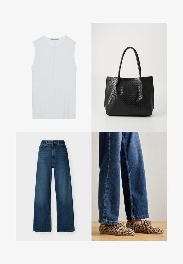 Lyseblå ærmeløs top lavet af ribbet stof, med en rund halsudskæring og en centralt søm detaljer. Glat tekstur med en afslappet pasform.; Blå denimjeans med høj talje og vide ben, forstærket med knap- og lynlåslukning foran, bæltestropper og forlommer på en ensfarvet baggrund.; Læderloafers med leopardmønster, lavet af ruskind, med rund tå, snøre-design og flade, fleksible såler, parret med blå denim jeans.; Sort vævet læder tote bag med to håndtag, struktureret form og subtil glansfinish på en ensfarvet lys baggrund.