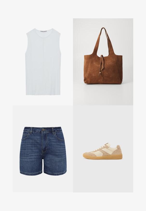 Lichtblauwe mouwloze top van ribstof, met een ronde halslijn en een middennaaddetail. Soepele textuur met een losse pasvorm.; Donkerblauwe denimshorts met knoopsluiting aan de voorkant, ritssluiting, riemlussen en voorzakken, afgebeeld tegen een witte achtergrond.; Beige en crème lage sneaker met mesh- en suède panelen, witte veters en een zool van gumrubber, zijaanzicht op een effen achtergrond.; Bruine suede tote bag met twee lange handvatten, trekkoordsluiting en een gladde textuur. Kenmerkt zich door een eenvoudig ontwerp en minimale accenten.