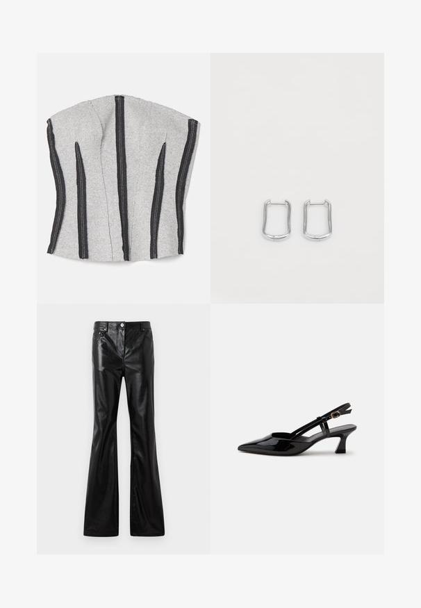 ECKHAUS LATTA RAW - Top - dust; Rabanne Džínsy široké - black; Čierny lesklý lodička so strapcom na päte s nízkym podpätkom, špicatou špičkou a nastaviteľným zlatým remienkom na bielom pozadí.; Strieborné metalické kruhové náušnice s obdĺžnikovým tvarom a jemne zaoblenými hranami, so hladkým povrchom a jednoduchým, minimalistickým dizajnom.