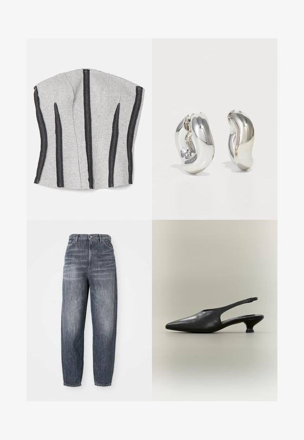 ECKHAUS LATTA RAW - Débardeur - dust; Jean bleu foncé en denim, avec une coupe ample, une jambe droite et un décoloration subtile. Style cinq poches standard avec fermeture à bouton.; Chaussure à bride arrière en cuir noir avec bout pointu et petit talon bas sur fond neutre.; Boucles d'oreilles sculpturales en argent avec des formes douces et courbes et des surfaces réfléchissantes. Présentent un design de boucle fermée et une forme organique distincte.