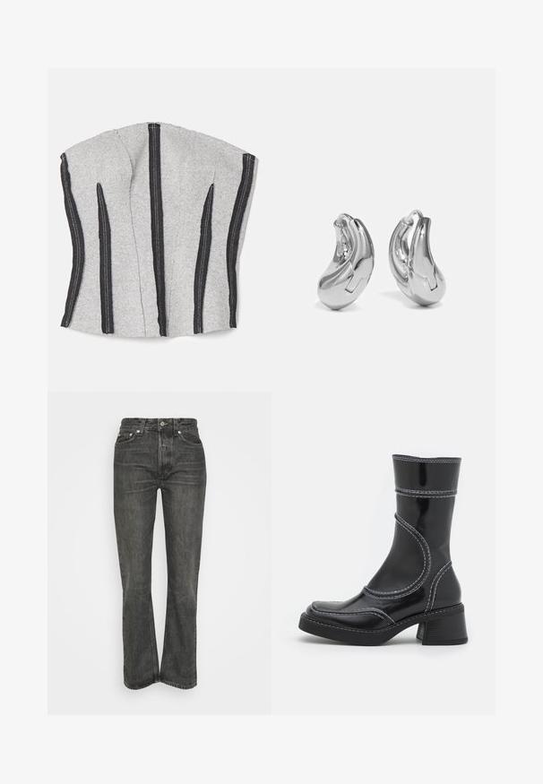ECKHAUS LATTA RAW - Top - dust; Schwarze hochtaillierte Jeans mit geradem Bein. Merkmale das klassische Fünf-Taschen-Design und silberne Hardware. Strukturierter Denim-Stoff.; Schwarze Lackleder-Ankle Boots mit weißen Nähten, abgerundeter Zehe und Blockabsatz. Besitzt geschwungene Designlinien und eine glatte Textur.; Silberne Creolen mit einer gebogenen, glänzenden Oberfläche und einem nahtlosen Design. Verfügt über einen Scharnierverschluss für sicheren Halt.