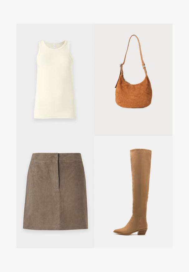 Débardeur en coton jaune clair avec une texture côtelée, un col rond et de larges bretelles. Tombe droit sans embellissements.; Jupe en suede taupe, longueur genou, avec une coupe droite et un détail de couture dissimulé à l'avant, sur fond uni.; Bottes tan jusqu'aux genoux en matériau lisse avec un bout pointu et un petit talon empilé. Conception simple, sans motifs ni accents visibles.; Sac à main en daim beige avec un design incurvé, une bandoulière ajustable, une fermeture éclair en métal et un détail de logo embossé à l'avant.