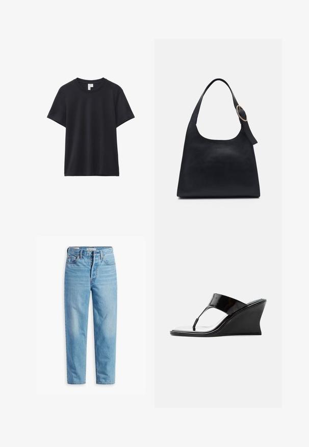 Sort kortærmet t-shirt med rund hals, lige kant og et lille hvidt mærke synligt inde i kraven.; Lyseblå højtaljede straight-leg denimjeans med knaplukning og femlomme-design, vist fladt på en hvid baggrund.; Sort laklæder kile-sandal med tå-rem og firkantet tå, slankt moderne design set fra siden på en hvid baggrund.; Sort læder tote taske med en glat overflade, rund form og en enkelt skulderrem med et cirkulært guld hardware-ornament.