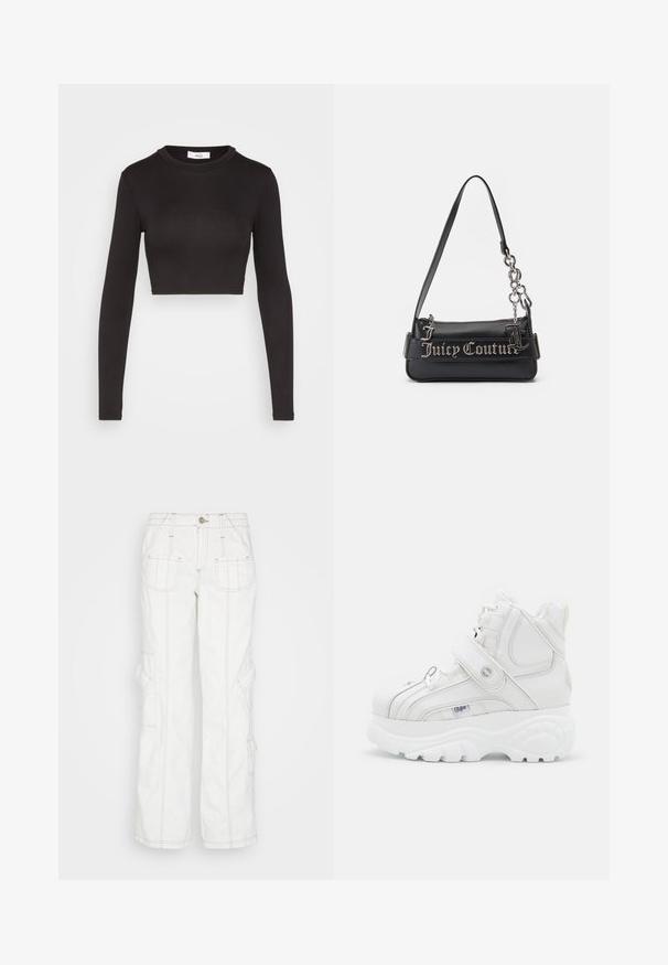 WAL G. ROZA BACK DETAIL CROP - Μπλούζα με μακριά μανίκια - black; BDG Urban Outfitters Τζιν χαλαρής εφαρμογής - white; Λευκά ψηλά αθλητικά παπούτσια από δέρμα, με ιμάντα αγκράφας, στρογγυλή μύτη, χοντρή σόλα και κάθετες ραφές.; Μαύρη τσάντα χεριού από υφασμάτινο συνθετικό υλικό. Διαθέτει αλυσίδα ως λουρί και το λογότυπο "Juicy Couture" σε ασημί χρώμα, που προβάλλεται έντονα στην μπροστινή πλευρά.