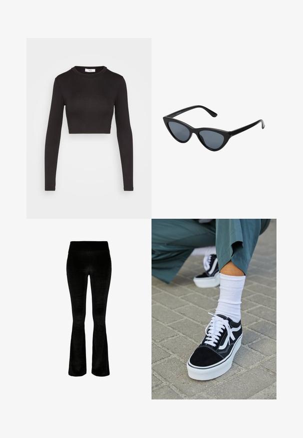 WAL G. ROZA BACK DETAIL CROP - Langærmet T-shirt - black; Sorte bukser med vidde i blødt, velourstof. Høj talje og glat overflade. Designet har en vid cut fra knæet og ned.; Sorte ruskinds sneakers med hvide accenter og snørebånd, der har en tyk hvid sål og kontrasterende syninger, parret med en hvid sok.; Sorte katteøje solbriller med mørkegrå linser, slankt plastisk stel, spidse hjørner og lige stænger. Ingen synlig hardware eller dekorationer.