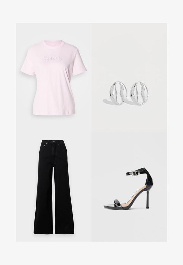 T-shirt en coton rose clair avec encolure ronde, manches courtes et logo "Calvin Klein" embossé sur la poitrine. Coupe classique.; Jeans larges noirs en denim, avec une taille haute, cinq poches, une fermeture à boutons sur le devant, et des détails de couture minimaux.; Sandale à talon haut en cuir verni noir avec bride à la cheville. Présente un design minimaliste, un bout ouvert et une boucle ornée de strass.; Paire de boucles d'oreilles anneaux argentés brillants avec un design torsadé et ondulé, présentée sur un fond clair uni.