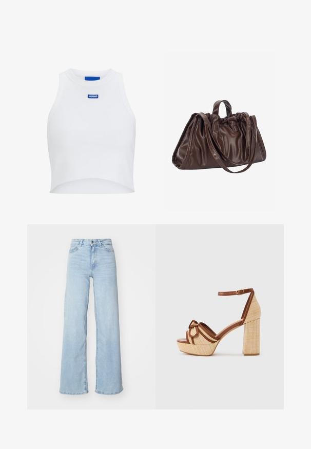 Hvid ribbet crop top med høj hals og cropped kant, der har et blåt "HUGO" logo i midten. Glat tekstur, ærmeløs design.; Lysblå brede jeans lavet af denim. Har høj talje, frontlukning med knapper og to lommer. Glat tekstur med subtilt falmede områder.; Beige vævet platform sandal med kraftig blokhæl, brun kant, ankelrem med spænde og dekorativ sløjfe på frontremmen.; Brun lædertaske med en samlet top, to korte hanke og en lang skulderrem. Glat tekstur med en rummelig, rundet form.
