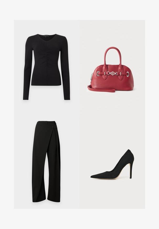 Schwarzes Langarmshirt mit V-Ausschnitt und gerafftem Detail vorne, aus glattem Stoff gefertigt. Eng anliegende Silhouette und minimalistisches Design.; Schwarze weit geschnittene Hose mit einem vorderen Wickelpanel und einem Knopfverschluss an der Taille, vor weißem Hintergrund präsentiert.; Schwarzer High-Heel Stiletto-Pumps mit spitzer Kappe und glatter Oberfläche, seitlich auf hellem, einfachem Hintergrund gezeigt.; Rote Lederhandtasche mit zwei Griffen, silberner Schnalle, Reißverschluss und abnehmbarem Schulterriemen auf einfarbigem Hintergrund.