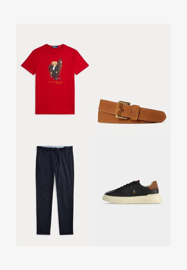 Červené tričko s krátkym rukávom s medveďom v smokingu stojacim vedľa hnedého koňa, s textom „Polo Bear by Ralph Lauren“ pod ním.; Pánske spoločenské nohavice námornícko modrej farby s pútkami na opasok, zipsom a bočnými vreckami, položené na bielom pozadí.; Čierna nízka kožená teniska s béžovou podrážkou, hnedou opätkovou záložkou a malým vyšívaným logom hráča póla na boku.; Hnedý semišový kožený opasok so zlatou kovovou prackou a logom Polo vyrazeným na slučke opaska, zobrazený zrolovaný na bielom pozadí.
