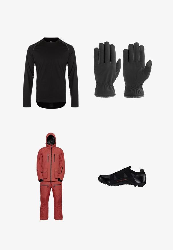 North Bend FUNKTIONS - Langærmet T-shirt - black; Rød vandtæt skijakke med hætte, der har sorte lynlåse og detaljer, flere lommer og et tekstureret stof til isolering.; Sort lavskåret sportssko med elastiske remme, tekstureret sål og tekst "The Science of Thrill" på siden.; Sorte handsker lavet af blødt, strækbart materiale med tekstureret greb på spidserne. Elastiske håndled med grå foring for ekstra varme.