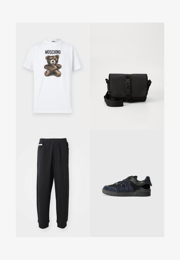 Weißes Baumwoll-T-Shirt mit einer Grafik eines braunen Teddybären mit großen Augen und einem gestickten Mund, beschriftet mit „MOSCHINO“ in fettem schwarzen Text.; Schwarze Jogginghose aus weichem Stoff, mit einem elastischen Bund, seitlichen Taschen und gerippten Bündchen an den Knöcheln. Minimalistisches Design.; Schwarze und marineblaue Sneakers aus Wildleder und Mesh-Materialien, mit einer dicken Sohle und einem markanten Ausschnitt in Form eines "M"-Details an der Seite.; Schwarze Nylon-Crossbody-Tasche mit Klappe, ausgestattet mit einem auffälligen Logo-Gurtverschluss, verstellbarem Tragegurt und seitlichen Steppnähten.