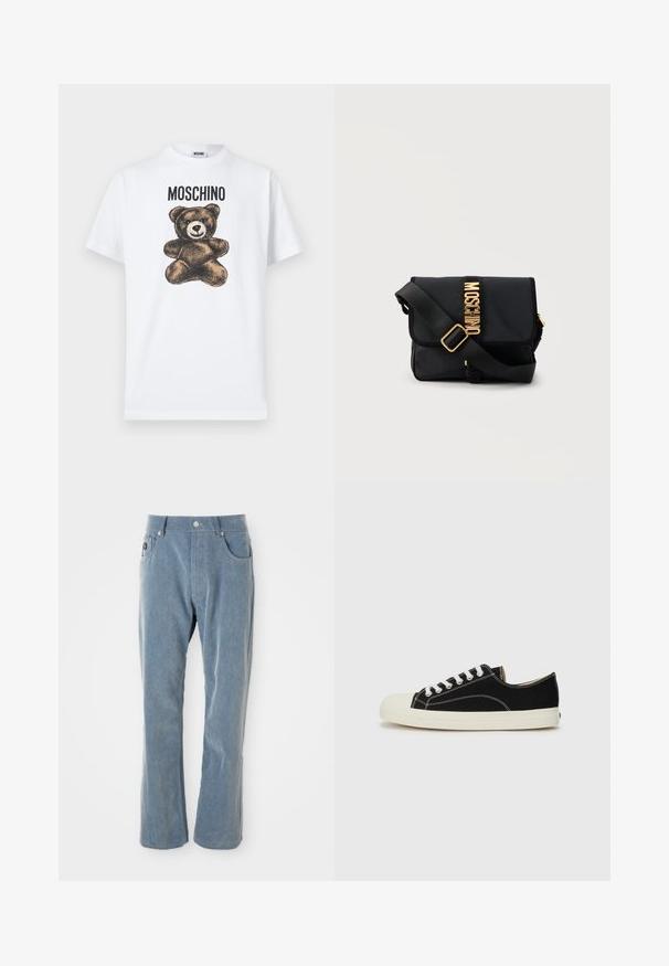 T-shirt en coton blanc avec un graphisme d'un ours en peluche marron aux grands yeux et bouche cousue, étiqueté "MOSCHINO" en texte noir gras.; Pantalon en velours côtelé bleu clair avec fermeture à bouton et à glissière, poches avant et jambes droites sur fond blanc.; Baskets en toile noires avec des coutures blanches, un embout rond en caoutchouc et des lacets blancs. Présente un dessus en tissu texturé et une semelle beige.; Sac bandoulière Moschino noir avec lettres logo dorées et sangle noire ajustable sur fond blanc uni.
