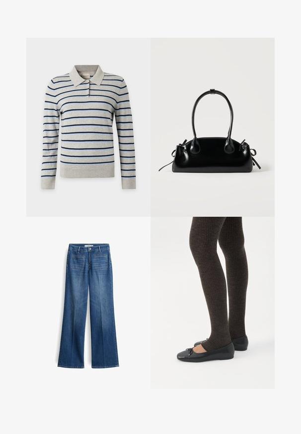 Poloshirt met lange mouwen met horizontale lichtblauwe en donkerblauwe strepen op lichtgrijze stof en een grijze kraag met twee knopen.; Wijde blauwe denim jeans met een middelhoog taille, twee achterzakken en subtiele stikdetails, gemaakt van een stevige katoenmix.; Benen met donkere geribbelde leggings gecombineerd met zwarte ballerina's met kleine strikdetails op een witte achtergrond.; Kleine zwarte glanzende handtas met twee lange hengsels en zijkant trekkoord details op een effen lichte achtergrond.