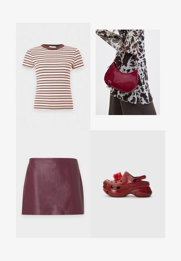 Kortærmet ribstrikket t-shirt med vandrette striber i pink, brun og creme, med en brun rund hals.; Miniskirt i glat burgunderlæder med lige snit og uden synlige dekorationer eller lukninger.; Rød plastikklip med ventilationshuller, hævet hæl og en blomsterdekoration ovenpå. Har en bagrem og teksturerede sider.; Kvinde iført en sort- og hvidmønstret bluse, der holder en blank rød skuldertaske mod en ensfarvet baggrund.