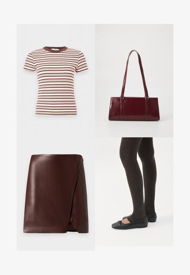 Kortærmet ribstrikket t-shirt med vandrette striber i pink, brun og creme, med en brun rund hals.; Brun læder indpakningsskirt med en glat tekstur, asymmetrisk kant og lynlås i siden. Minimalistisk design uden mønstre eller accenter.; Ben iført mørke ribbede leggings kombineret med sorte balletsko med små sløjfedetaljer på hvid baggrund.; Bordeaux håndtaske lavet af glansfuldt materiale, rektangulær form, med to skulderremme og subtile buede detaljer på forsiden.