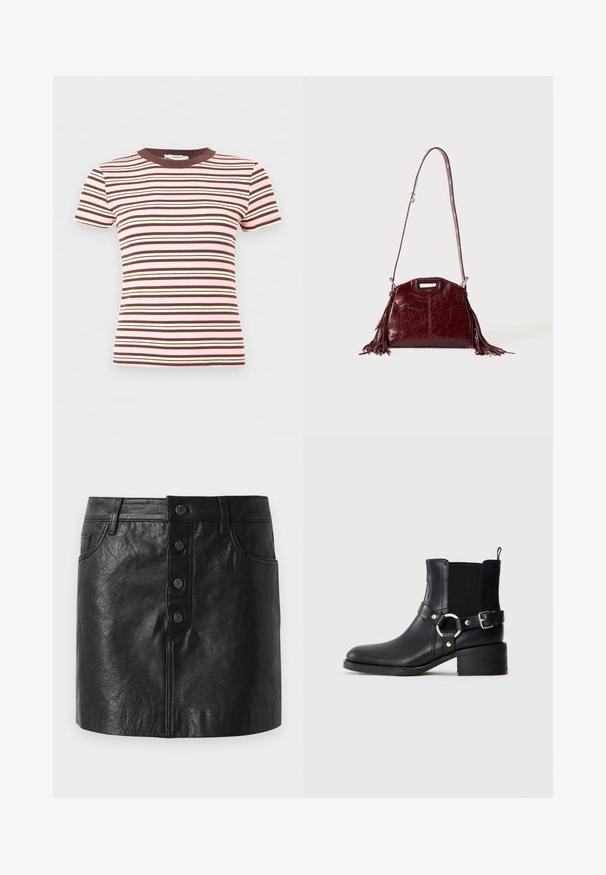 T-shirt à manches courtes en tricot côtelé avec des rayures horizontales rose, marron et crème, avec un col rond marron.; Jupe en cuir noir avec une taille haute, fermeture à bouton sur le devant, deux poches latérales et une forme légèrement évasée. Fini texturé.; Bottine en cuir noir avec boucles latérales et détail en anneau, panneau latéral élastique, petit talon carré et languette de tirage sur fond uni.; Sac à bandoulière en cuir rouge foncé avec des détails à franges et une bandoulière réglable avec boucle argentée sur un fond clair uni.