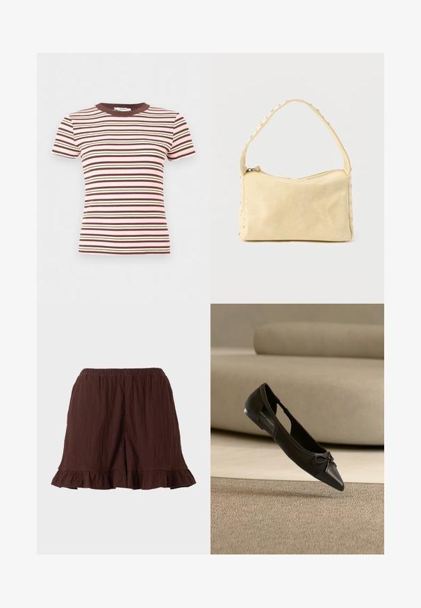 T-shirt à manches courtes en tricot côtelé avec des rayures horizontales rose, marron et crème, avec un col rond marron.; Shorts en tissu brun texturé avec ceinture élastique et ourlets volantés sur un fond uni clair.; Chaussure plate noire à bout pointu avec un petit détail nœud, montrée au-dessus d'un tapis beige et devant un canapé beige.; Petit sac à main en cuir beige avec une seule bandoulière et des clous argentés le long des bords et de la bandoulière, posé sur un fond uni.