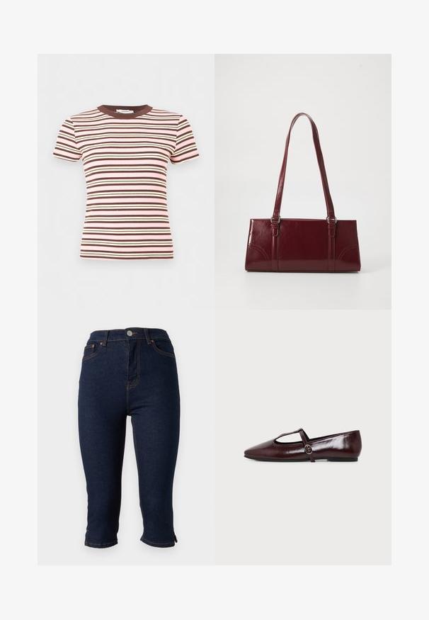 T-shirt à manches courtes en tricot côtelé avec des rayures horizontales rose, marron et crème, avec un col rond marron.; Jean skinny court en denim bleu foncé avec fermeture frontale par boutons et surpiqûres orange, présenté sur fond blanc.; Chaussure plate en cuir bordeaux foncé avec un bout pointu et une fine bride en T avec une boucle argentée sur fond blanc.; Sac à main bordeaux en matériau brillant, de forme rectangulaire, avec deux anses et des accents légèrement courbés à l'avant.
