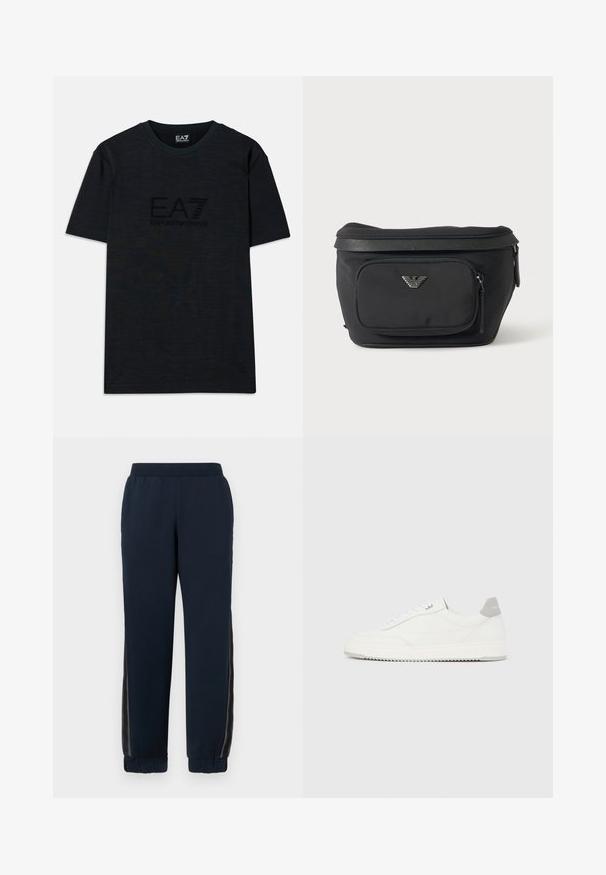 Camiseta de algodón negra de manga corta, con un cuello redondo y un sutil logo en relieve de EA7 Emporio Armani en la parte delantera.; Pantalones de chándal azul marino con una textura suave, puños ajustados y paneles laterales de malla. Cintura elástica para mayor comodidad y un ajuste casual.; Zapatilla blanca de corte bajo con pestaña en el talón gris, cordones blancos y suela texturizada, presentada sobre un fondo claro y liso.; Riñonera negra con bolsillo frontal con cremallera y logo de águila plateado, tela lisa con ribete texturizado y tiradores de cremallera.