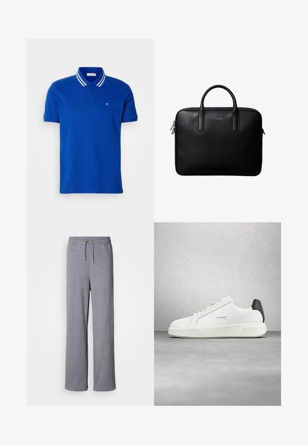 Camisa polo azul de algodón, con una tapeta de tres botones, cuello a rayas en blanco y un logo bordado en el pecho.; Pantalones de chándal anchos y grises, hechos de material suave; cuentan con una cintura elástica con cordón y sin bolsillos. Diseño simple y sin adornos.; Zapatillas blancas con parte superior de cuero liso, cordones planos y suela blanca elevada. Presentan un acento negro en el talón y logotipo en relieve.; Maletín de cuero negro texturizado con doble asa y tiradores de cremallera plateados, centrado sobre fondo blanco.