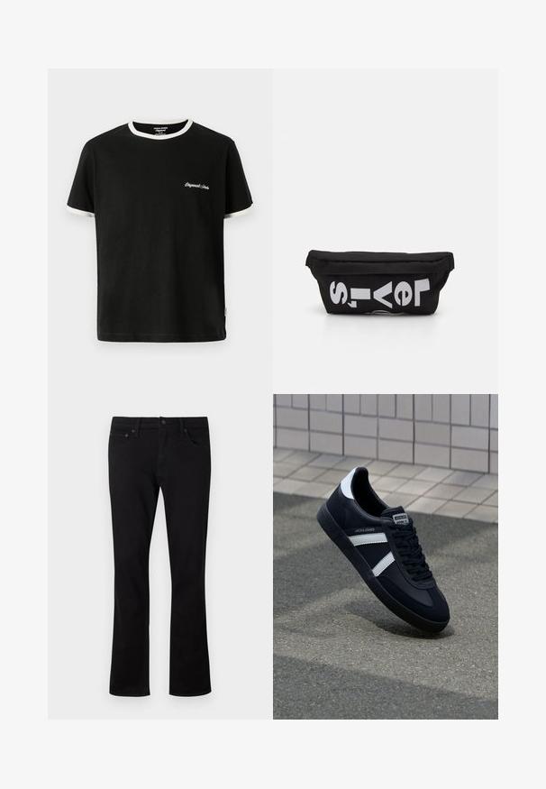 Jack & Jones T- - Camiseta básica - black; Jeans de mezclilla negra con un diseño de pierna recta, estilo de cinco bolsillos y detalles de costura sutiles. El material es suave con un acabado mate.; Zapatilla de cuero negra con rayas blancas, suela de goma texturizada y parte frontal con cordones. Cuenta con una etiqueta de marca en la lengüeta.; Bolsa de tela negra con forma plana, que presenta texto blanco en negrita. El cierre de cremallera se encuentra en la parte superior, con un detalle de asa en un lado.