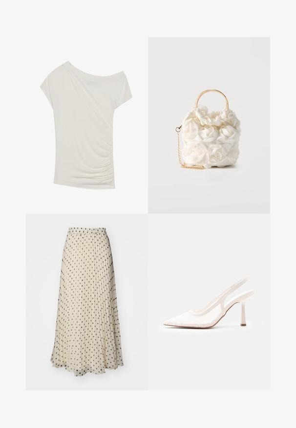 Off-white short-sleeve top in lightweight fabric, featuring a draped design and side ruching detail. Soft texture with a loose fit.; Pleated maxi skirt in cream fabric, featuring evenly spaced dark polka dots. Elastic waistband for comfort and flowy hemline.; White pointed-toe slingback high heel with lace mesh upper and slim heel on a plain light gray background.; White handbag adorned with fabric roses, featuring a gold circular handle and a gold chain strap on a plain background.