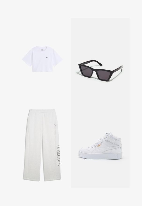 Camiseta blanca corta de algodón, con mangas cortas y un pequeño logo negro de skate en el área del pecho izquierdo.; Pantalones deportivos gris claro con cintura elástica, bolsillos laterales, logo negro de Puma en el muslo izquierdo y texto con contorno negro en la pierna derecha.; Zapatillas altas blancas con un upper de cuero suave, cordones planos, cuello acolchado y suela de goma texturizada con acentos de logo.; Gafas de sol negras y angulares con lentes grises; fabricadas en plástico, con varillas gruesas de superficie suave y sin herrajes visibles.