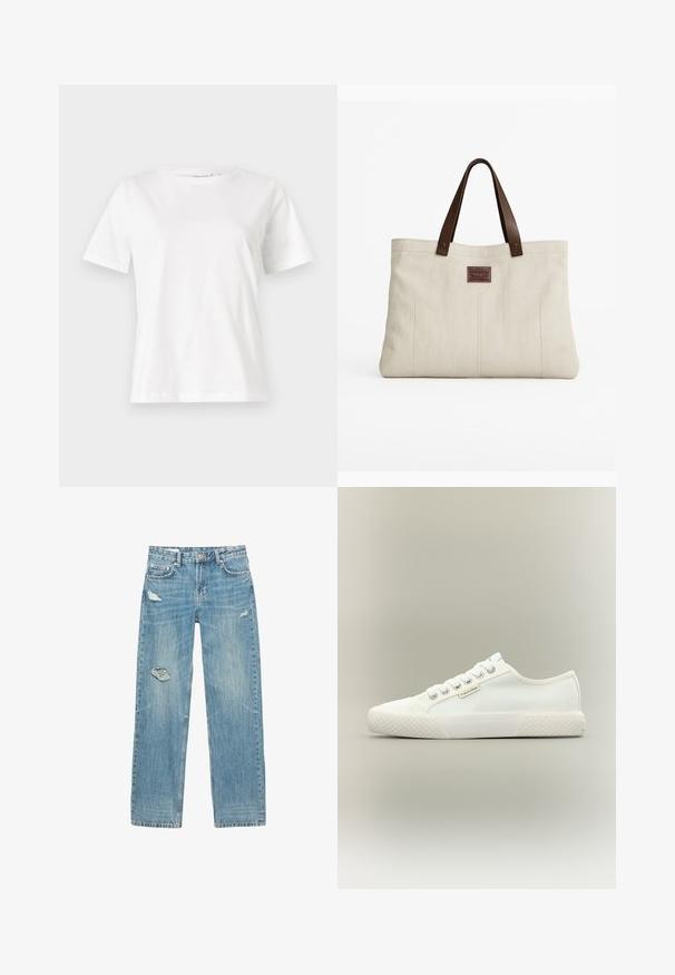 Hvid bomulds t-shirt med korte ærmer, rund halsudskæring og en afslappet pasform. Glat tekstur, ingen mønstre eller accenter, minimalistisk design.; Lyseblå, straight-leg jeans lavet af denim. Har sammensmeltede huller på fronten, falmede tekstur og fem lommer med metalhardware.; Hvid lavtopet lærreds-sneaker med tekstureret gummisål, hvide snørebånd og lille Calvin Klein-mærke på siden.; Beige lærredstaske med mørkebrune læderhåndtag og et lille rektangulært læderlogo på forsiden.