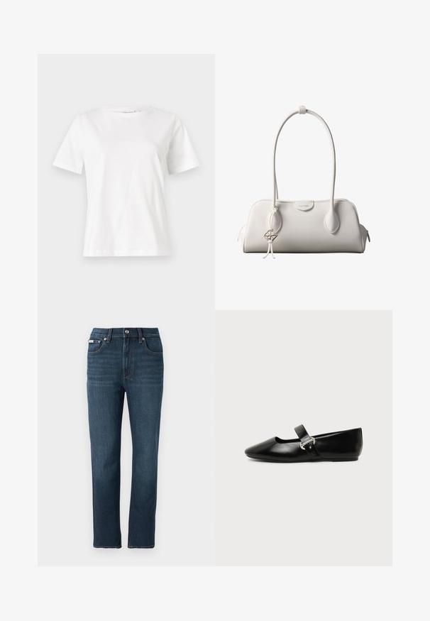 T-shirt en coton blanc à manches courtes, col rond et coupe décontractée. Texture lisse, sans motifs ni accents, design minimaliste.; Jean en denim bleu foncé avec une coupe droite, poches avant, fermeture par bouton et détails de couture subtils sur la taille.; Chaussure plate Mary Jane en cuir noir avec bout arrondi et bride à boucle argentée sur fond uni.; Sac à bandoulière blanc Calvin Klein avec longues poignées, forme rectangulaire, fermeture éclair et charm logo décoratif suspendu près de la poignée.