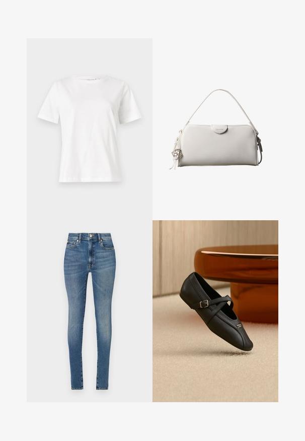 Witte katoenen t-shirt met korte mouwen, ronde halslijn en een ontspannen pasvorm. Gladde textuur, geen patronen of accenten, minimalistisch ontwerp.; Hoge taille skinny jeans in lichtblauwe denim, met vijf zakken, riemlussen en een rits met knoopsluiting.; Zwarte Mary Jane schoen met een zijgesp en een klein metalen logo, geplaatst op een beige tapijt nabij een bruine ronde tafel.; Witte rechthoekige Calvin Klein handtas met enkele handgreep, minimalistisch ontwerp en decoratieve kwastjes met geometrische metalen hanger aan de zijkant.