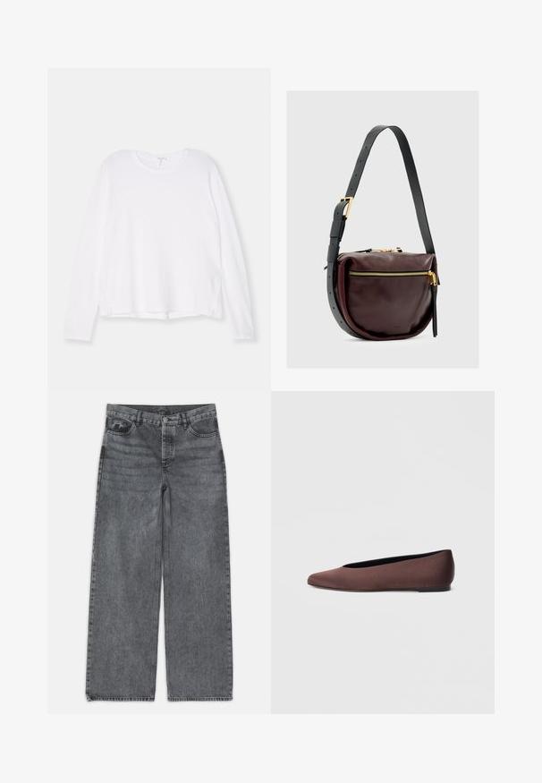 Hvid langærmet skjorte lavet af blødt stof, med rund halsudskæring, afslappet pasform og sideskæringer ved kanten for nem bevægelse.; Bredde ben jeans i mørkegrå denim. Har høj talje, fem lomme design og forneden knaplukning. Glat tekstur med subtil fading.; Brune balletflade sko i stof med spids tå og glat tekstur, med lav hælkappe og tynd sort sål. Ingen synlige mønstre eller beslag.; Læder crossover taske i dyb burgunder med en rund form. Har en guld lynlås-lukning og en aftagelig sort strop med guld hardware detaljer.