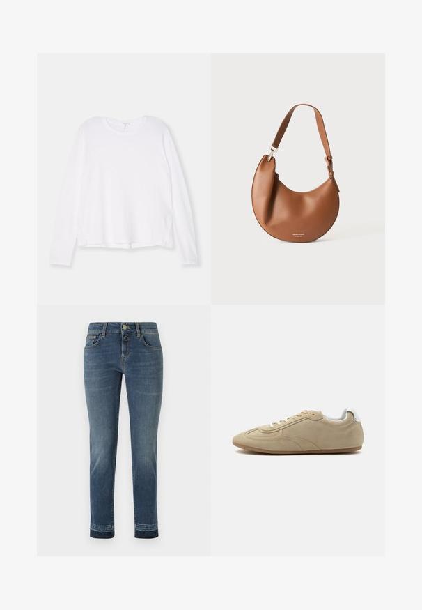 Witte long-sleeve shirt van zachte stof, met een ronde halslijn, een ontspannen pasvorm en zijsplitsingen aan de zoom voor een gemakkelijke beweging.; Donkerblauwe denim jeans met een rechte pijp, voorzien van een klassieke knoopsluiting en vijf zakken. Lichte vervaging op de dijen.; Beige suède casual sneaker met witte veters, wit gewatteerde hielkraag en een lichtbruine rubberen zool, zijaanzicht.; Bruine leren schoudertas in halvemaanvorm met verstelbare riem en kleine zilveren logotekst onderaan in het midden.