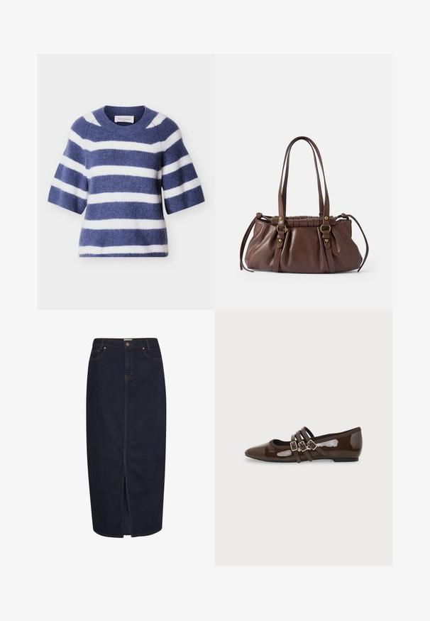 Blå og hvide stribede strikkede sweater med korte ærmer, rund hals, blød tekstur og et hyggeligt design. Mærke synligt ved halsudskæringen.; Mørk denim maxi-nederdel med en frontslids. Har orange syninger og et klassisk fem-lomme design. Knaplukning i taljen.; Brun laklæder flad sko med spids tå og tre justerbare spænder på siden, vist fra ydersiden.; Brun læderhåndtaske med to lange håndtag, samlet design, aksenter i guldtonet metal og en tekstureret overflade.