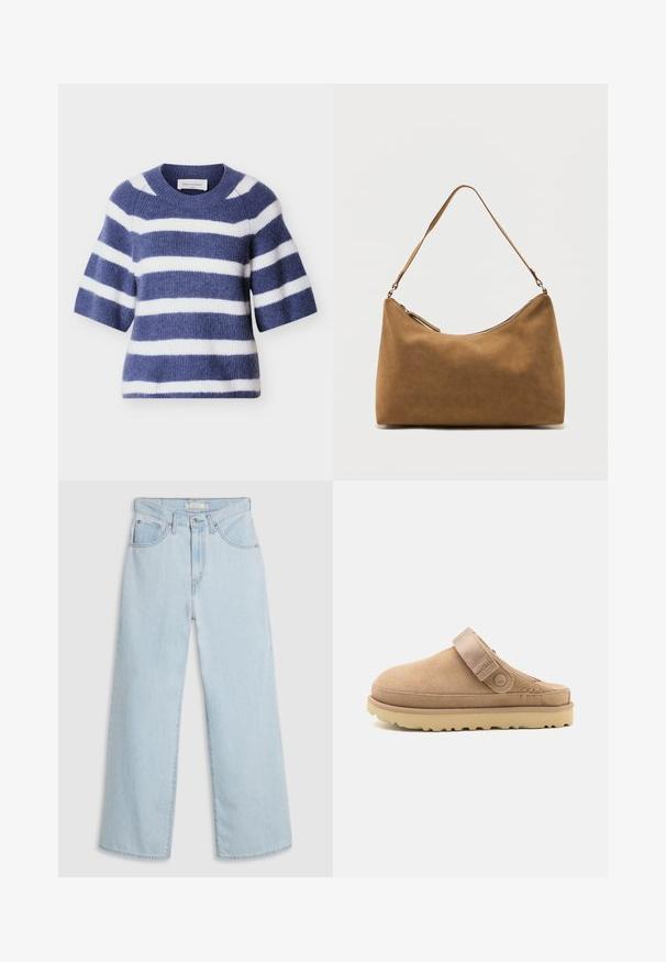 Blå og hvide stribede strikkede sweater med korte ærmer, rund hals, blød tekstur og et hyggeligt design. Mærke synligt ved halsudskæringen.; Lyseblå, vide jeans med høj talje, der har knap- og lynlås lukning, dobbelte forlommer foran og diskrete syningsdetaljer.; Beige suedeklums med en tekstureret overdel, justerbar rem og en solid gummisål med en skridsikker mønster.; Brun skuldertaske i ruskind med enkelt rem og lynlås øverst, vist mod en ensfarvet hvid baggrund.