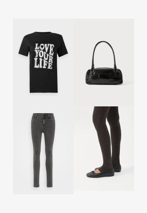Zwart katoenen t-shirt met witte tekst die zegt "LOVE YOUR LIFE." Het ontwerp bevat decoratieve stippen en een hartaccent. Korte mouwen.; Slanke grijze jeans van denim, met een hoge taille, een sluiting met twee knopen en minimale stiksels voor een strakke uitstraling.; Benen met donkere geribbelde leggings gecombineerd met zwarte ballerina's met kleine strikdetails op een witte achtergrond.; Zwarte leren handtas met een rechthoekige vorm, voorzien van een enkele gestructureerde handgreep, zilveren hardware en ritsluiting. Gladde textuur.