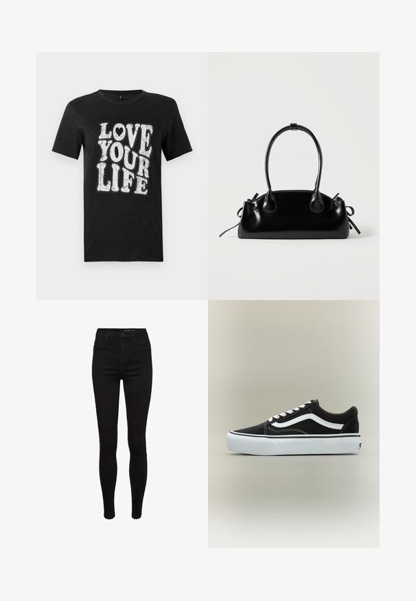 Sort bomulds-T-shirt med hvid tekst, der lyder "LOVE YOUR LIFE." Designet inkluderer dekorative prikker og en hjerteaccent. Korte ærmer.; Sorte skinny jeans i denim med høj talje, fem lommer, bæltestropper og subtile syninger. Glat tekstur, tætsiddende pasform.; Lavtop sort sneaker med hvid side stribe, hvide snørebånd, hvid gummisål og tekstureret tåhætte på neutral baggrund.; Lille sort blank håndtaske med to lange håndtag og snøre-detaljer i siden på en ensfarvet lys baggrund.