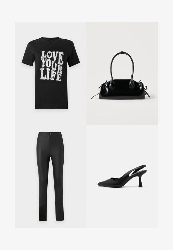 Must puuvillane t-särk, millel on valge tekst "LOVE YOUR LIFE." Disainis on dekoratiivsed täpid ja südamekujuline aksent. Lühikesed varrukad.; Mustad mustad leggings, mis on valmistatud elastsemast ja siledast materjalist ning millel on napilt istuv disain, esipaneelil nööp ja tõmblukk, ning sirged sääred.; Mustad mustamatt slingback kingad terava varbaga, valmistatud siledast nahast. Omab lõikega disaini ja tugevat, kitsenevat kanna.; Väike must läikiv käekott kahe pika sangaga ja külgedel paelakinnitustega, ühel lihtsal helel taustal.