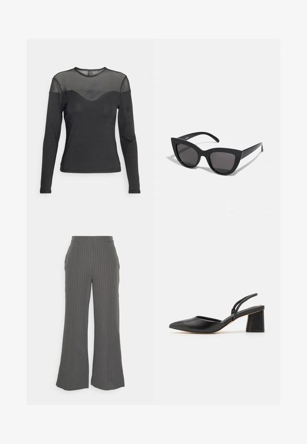 Vero Moda Petite VMKATE CONTRAST - Langærmet T-shirt - black; Pieces Petite PCBOSSY WIDE STRIPED PANTS - Bukser - magnet; Sort lædersko med slingback, spids tå, lav blokhæl og minimalistisk design med tynde remme og glat tekstur.; Sorte cat-eye solbriller med mat finish, der har grå tonede linser, skarpe vinkler og slanke sidearme. Mærkenavnet er synligt på den indre arm.