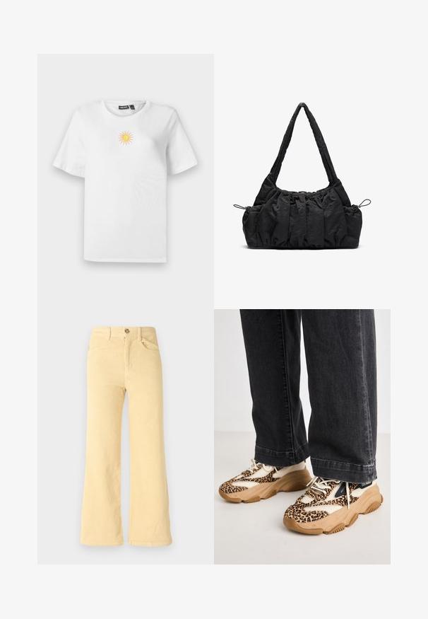 Hvid bomulds T-shirt med korte ærmer, der har et lille, broderet design af en sol i gult og pink på brystet.; Gule corduroy flared bukser med en ribbet tekstur, der har fem lommer og en frontknaplukning.; Sneakers med leopardprint og mesh- og læderpaneler, tan-gummisål og kontrasterende sorte accenter. Båret med løstsiddende mørke jeans.; Sort stof handbag med samlede strukturer, to skulderremme og snorelukning i siderne. Glat, let materiale.