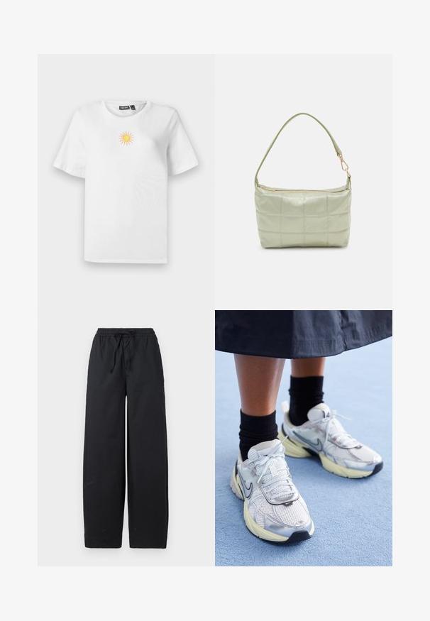 Camiseta de algodón blanca de manga corta con un pequeño diseño de sol bordado en amarillo y rosa en el pecho.; Pantalones de pierna ancha negros, hechos de una tela suave, que presentan una cintura elástica con cordón y sin patrones ni acentos visibles.; Zapatillas Nike blancas y plateadas con tejido de malla, detalles reflectantes y una suela beige. Llevadas con calcetines negros, de pie sobre una superficie azul.; Bolsa de hombro acolchada de color verde con una textura suave, forma rectangular, correa única y cierre de cremallera en tono dorado. Presenta un patrón acolchado.