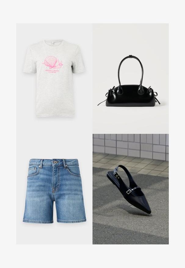 Camiseta de algodón gris con un gráfico de una concha y un caracol en color rosa, con el texto "BUSCADOR DE CONCHAS DESDE 1996" impreso abajo, adornada con perlas decorativas blancas.; Shorts de mezclilla en azul claro, con un diseño clásico de cinco bolsillos, un ligero desgaste, corte recto y un dobladillo cosido.; Zapato plano negro de punta puntiaguda con tiras de doble hebilla y talón descubierto, descansando sobre asfalto gris cerca de una pared con azulejos.; Pequeño bolso negro brillante con dos asas largas y detalles de cordón lateral sobre un fondo claro liso.