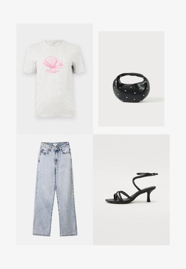 Graues Baumwoll-T-Shirt mit einem pinken Muschel- und Schneckenmotiv, darunter der Aufdruck "BEASHELL SEEKER SINCE 1996", verziert mit weißen Dekoperlen.; Helle blaue Straight-Leg-Jeans aus Denim, ausgestattet mit zwei vorderen Taschen, einem Knopfverschluss und kontrastierenden Nähten entlang der Säume.; Even&Odd Wide Fit by Zalando Riemensandalette - black; Schwarze Lederhandtasche mit abgerundeter Form, verziert mit silbernen Nietenakzenten und kurzem Griff. Glatte Struktur und Reißverschlussverschluss.